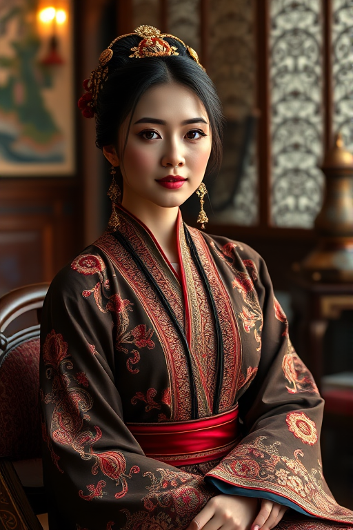 A beautiful Armenian woman in traditional East Asian attire, intricately detailed with embroidered patterns, sitting gracefully in a richly decorated room, soft ambient lighting, serene and elegant, ultra-realistic, 8K resolution