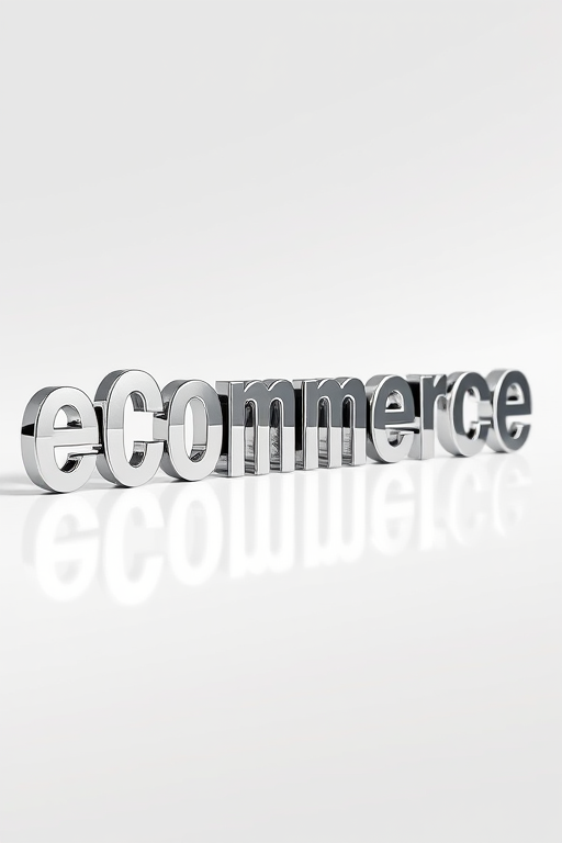Create a 3D metallic text rendering of the word eCOMMERCE with reflections and shadows, using a depth of field effect, located against a white background, shot with a DSLR camera at f/2.8, ISO 100, 50mm lens, in a studio lighting setup.