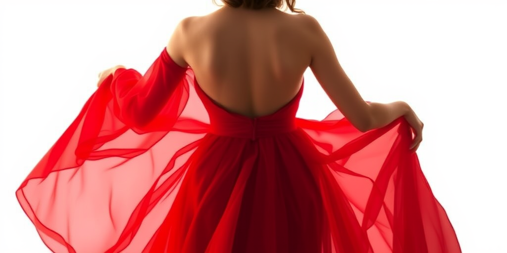Create a high-resolution digital painting of a woman in a flowing red gown, seen from behind, with soft, warm lighting and a minimalist white background, using a Canon EOS R5 at f/1.8, ISO 100, with a shallow depth of field and vibrant color enhancement.