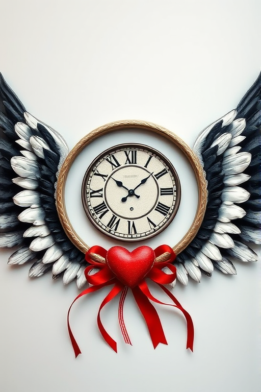 Create a digital art piece featuring two circular frames surrounded by black and white wings, a vintage clock with Roman numerals at the center, red hearts, and decorative ribbons, using a Canon EOS R5 with a 50mm f/1.2 lens, aperture set to f/2.8, shutter speed 1/60s, ISO 100, in soft focus for a dreamy effect.