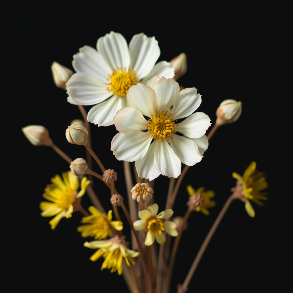 Regenerate a bouquet of dried flowers including white buds and yellow blooms on a black background, shot with a Canon EOS R5 at f/2.8, 50mm lens, ISO 100, 1/125 sec, with soft natural lighting to enhance details and colors.