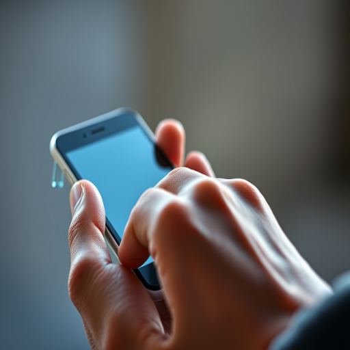 Create an illustration of a hand holding a smartphone, focusing on details like the texture of the hand and the phone screen, using a high-resolution camera settings of 50mm lens at f/2.8, ISO 100, with a shallow depth of field to enhance the foreground, captured in natural light with a DSLR camera in portrait orientation.