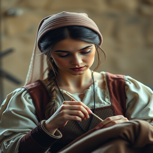 Generate a hyper-realistic portrait of a woman in medieval attire, sewing, with soft natural lighting, 50mm lens, f/1.8 aperture, shallow depth of field, and a full-body shot taken with a DSLR camera.