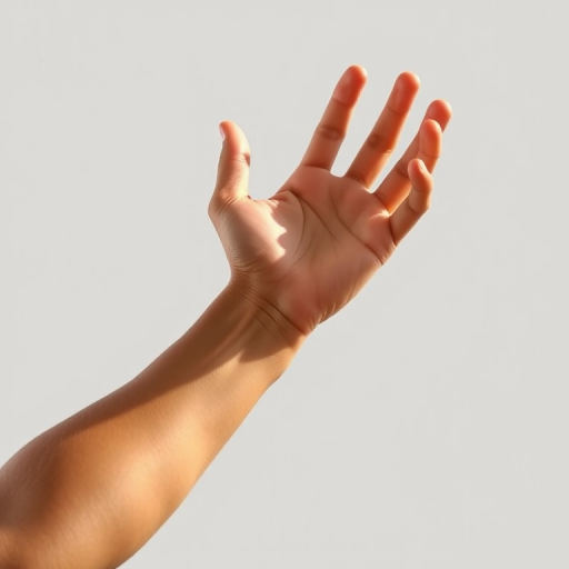 Illustrate a realistic human arm extended with an open hand, use a DSLR camera, 50mm lens, aperture f/2.8, ISO 100, natural lighting, shot from a slightly elevated angle.