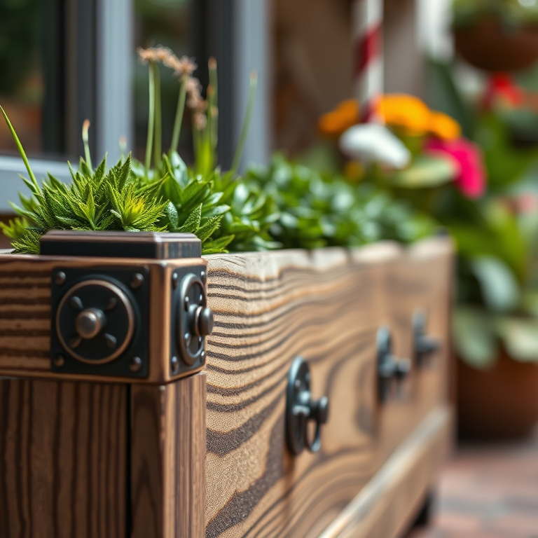 Generate a highly detailed image of a wooden planter box with decorative metal accents, shot with a DSLR camera at f/2.8 to create a shallow depth of field, using a 50mm lens to focus closely on the textures, soft natural lighting, and a 1/125 shutter speed for sharpness.