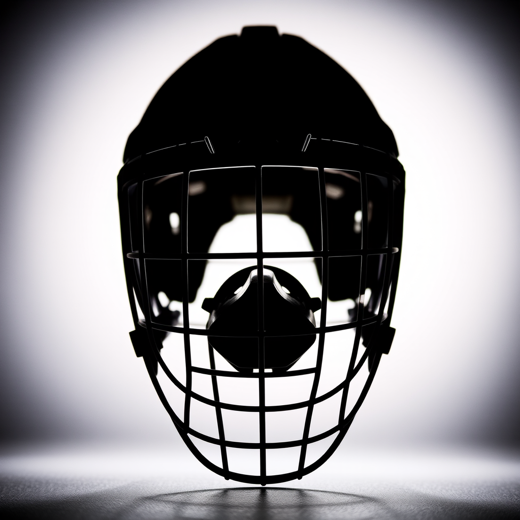 Create a high-resolution image of a hockey goalie mask silhouette on a solid background, using a DSLR camera with aperture set to f/2.8, ISO 100, shutter speed 1/250s, taken from eye level with a slight focus on the mask's details, in portrait orientation.