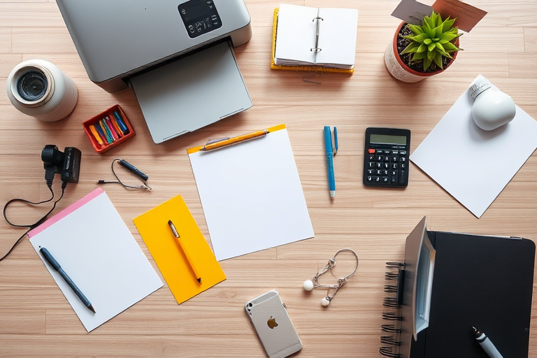 Create an overhead shot of a modern workspace featuring a printer, colorful stationery, a calculator, and blank papers arranged neatly, using a DSLR camera with a 50mm lens, f-stop 2.8, ISO 100, shooting in natural light for enhanced clarity and vibrant colors.