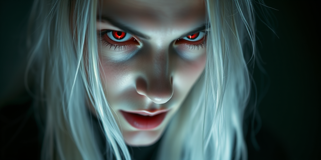 portrait of a vampire with long white hair and red eyes, soft dramatic lighting, close-up shot, shallow depth of field, ISO 100, f/1.8, 85mm lens, high definition, studio photography