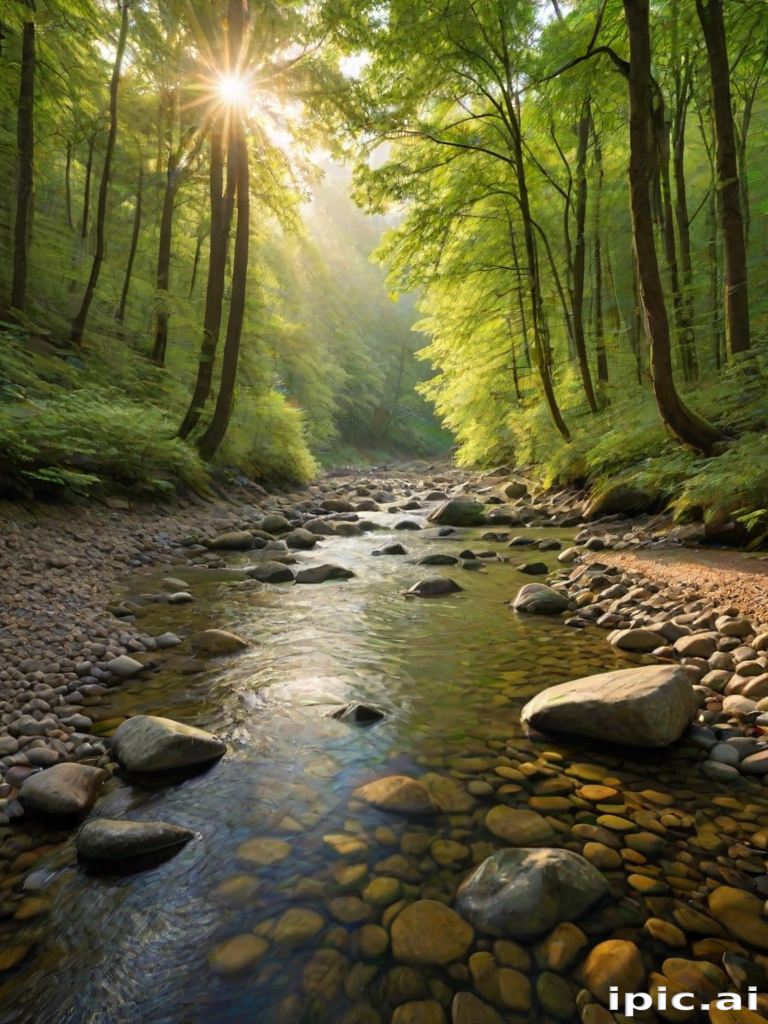 Create an image of a serene, sunlit forest scene with a clear, gently flowing river. Tall trees with lush green foliage line both sides of the river, their leaves bathed in the warm golden light of the setting or rising sun. The sunlight filters through the trees, casting soft, dappled light on the river, which flows over smooth rocks and pebbles, creating a peaceful, natural atmosphere. The sky is bright with a few scattered clouds, and the overall mood is tranquil, evoking a deep sense of connection with nature. The image captures the beauty of a calm, pristine forest landscape at either dawn or dusk.