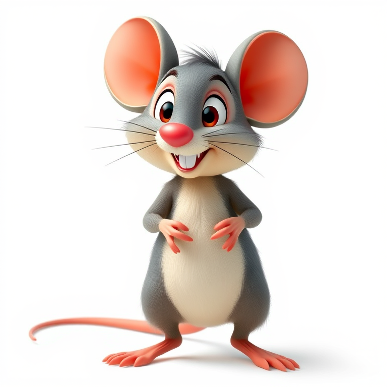 create a cartoon mouse character with a friendly expression standing on its hind legs, captured with a DSLR camera, 50mm lens, f/2.8 aperture, ISO 100, 1/200s shutter speed, high-resolution image, vibrant colors, isolated on a white background