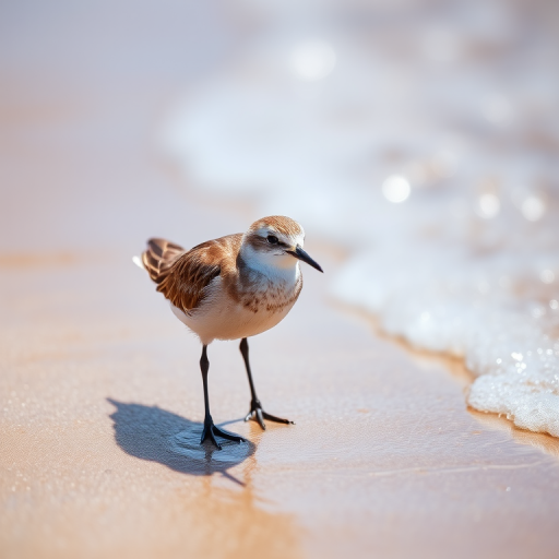 A close-up shot of a shorebird standing on wet sand at the water's edge, captured with a DSLR camera, 200mm lens, f/4 aperture, ISO 200, 1/1000 sec shutter speed, shallow depth of field, natural lighting, soft bokeh background.
