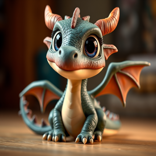 Create a highly detailed image of a cartoon dragon with large expressive eyes and textured scales, sitting in a playful pose, using a DSLR camera with a 50mm lens, aperture set to f/2.8 for a shallow depth of field, and ISO 100 for maximum clarity, shot in a studio setup with soft lighting to enhance colors and details.