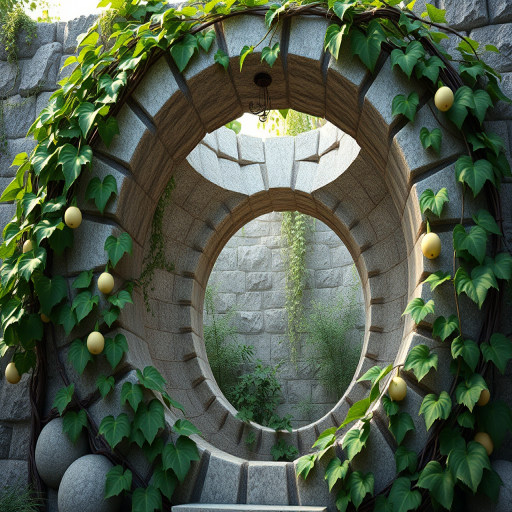 Create a highly detailed 3D render of a circular stone structure entwined with lush green vines and hanging gourds, shot with a Canon EOS R5 at f/8 aperture, ISO 100, 50mm lens, in a soft natural light setting from a low angle to emphasize depth and texture.