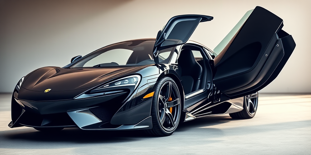 Generate a highly detailed 3D rendering of a sleek black sports car with an open driver's side door, showcasing a spacious interior, shot with a DSLR camera at f/2.8, ISO 100, 50mm lens, in a low-angle view, using soft natural lighting for enhanced reflections and shadows.