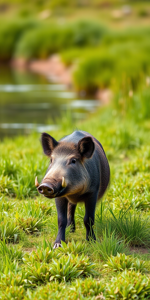 A wild boar standing in lush green grass near a body of water, captured with a Nikon D850, 85mm lens, f/4 aperture, ISO 200, natural light, shallow depth of field, side view composition.
