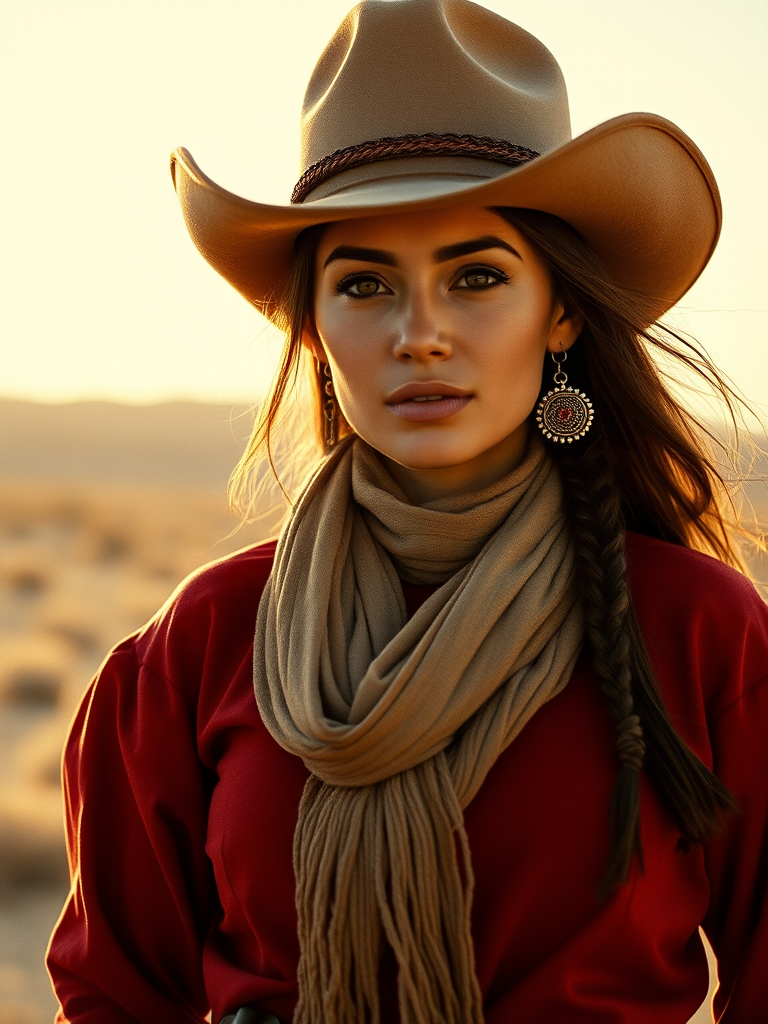 Dramatic photo of a beautiful Aymara woman, classic cowboy attire, confident and free spirit expression, half-length portrait, centered, golden hour desert landscape, warm, diffused light, low angle, medium format film camera, in style of Annie Leibovitz.