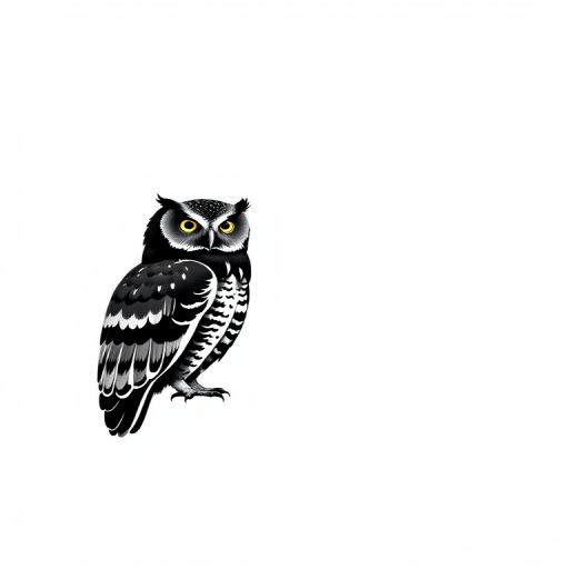 Generate a high-resolution image of a stylized black owl on a minimalistic white background, captured with a 50mm lens at f/1.8, ISO 100, using a DSLR camera in portrait orientation.