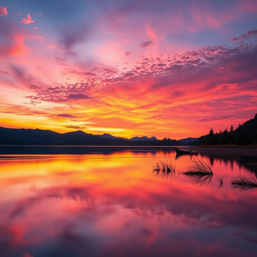 Create a high-resolution image of a serene sunset over a calm lake, using a 24mm lens at f/8, ISO 100, and a shutter speed of 1/60 sec, in landscape orientation with a focus on vibrant colors and reflections, captured with a DSLR camera.