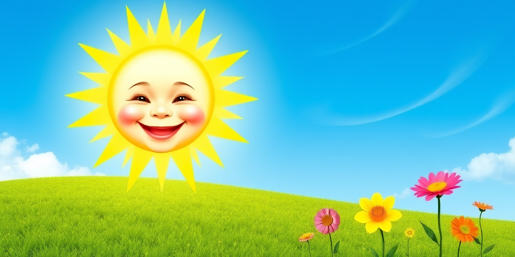 Create an image shows a bright, sun with a smiling baby's face in the center, radiating soft yellow rays. The sun is set against a clear blue sky with a few wispy clouds. Below, there's a lush green grassy hill with colorful, oversized flowers, giving the scene a whimsical, playful atmosphere.