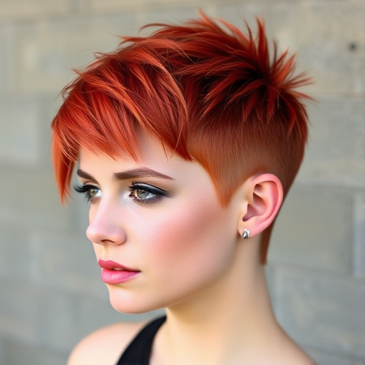 Vibrant redhead sporting a fiery copper pixie cut with textured spikes, featuring bold asymmetrical bangs and shaved sides for an edgy, modern look