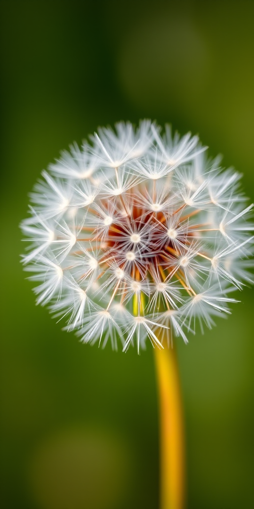 macro shot of a dandelion seed head with a blurred green background, camera settings: ISO 200, f/2.8, 1/200s, camera view: close-up, camera style: natural light, camera type: DSLR