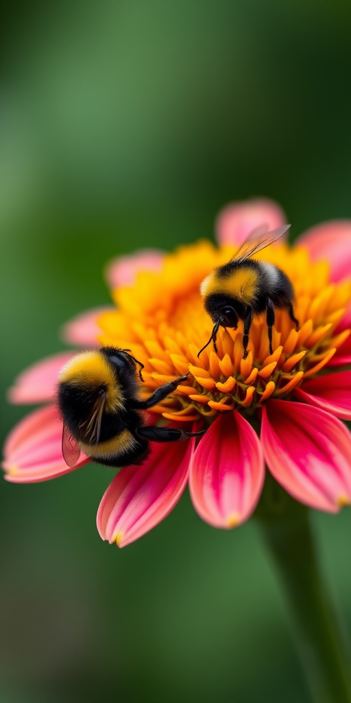 Close-up of two bumblebees on a vibrant coneflower, soft focus background, macro lens, f/2.8 aperture, 1/250s shutter speed, ISO 100, natural lighting, DSLR camera.
