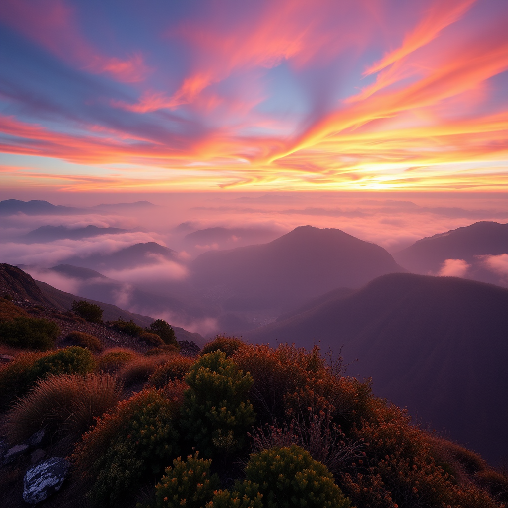 Generate a high-resolution image of a serene mountain landscape at sunrise with vibrant colors and soft mist, shot with a Canon EOS R5, 24mm lens, aperture f/8, ISO 100, shutter speed 1/60s, using a wide-angle view for depth and clarity.