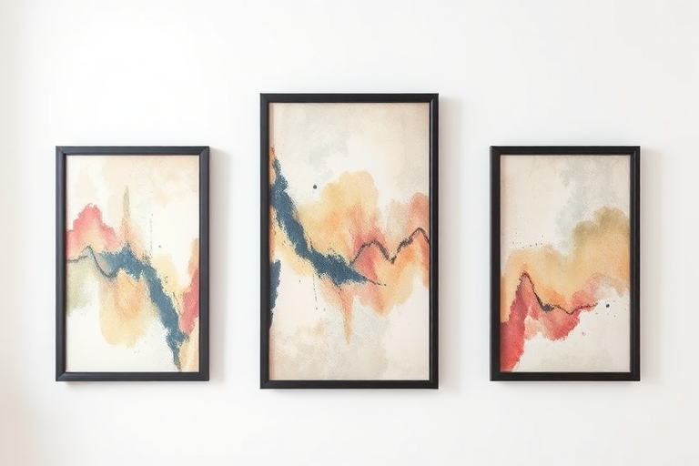 Create an image of three abstract art canvases hanging on a white wall, with thick black frames, using a Canon EOS R5 with a 24-70mm lens, f/8 aperture, ISO 100, focused on the center, shot from a straight-on perspective, with natural light to enhance the colors and textures of the frames.