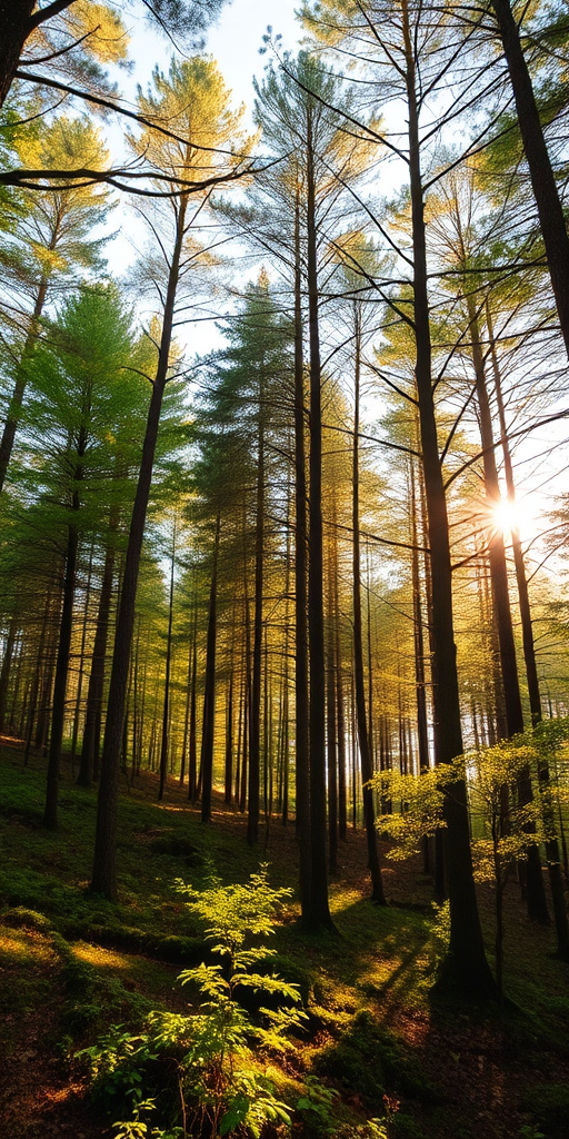 Generate an image of a serene forest landscape, taken with a DSLR camera at f/8 aperture, ISO 100, 24mm focal length, with a wide-angle view capturing sunlight filtering through the trees, in vibrant colors and high detail.