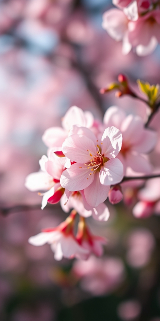 Close-up of cherry blossoms in soft focus, using a Canon EOS R5 with a 50mm f/1.2 lens, aperture set to f/2.8, ISO 100, 1/200 sec shutter speed, natural lighting.