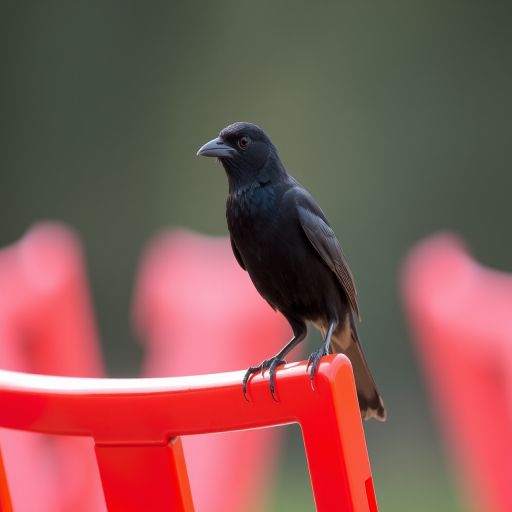 Capture a close-up of a black bird perched on a bright red chair with a shallow depth of field, using a DSLR camera with a 50mm lens, aperture f/1.8, ISO 200, and natural daylight to enhance colors and details.