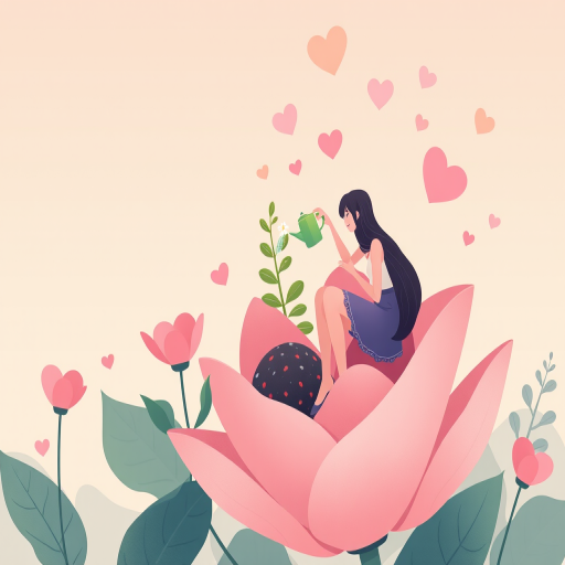 Create an illustration of a woman watering a plant while sitting on a large flower, with hearts floating around, using a soft pastel color palette, in a digital art style, shot with a Canon EOS R5, aperture f/2.8, ISO 100, 50mm lens for enhanced detail and clarity.