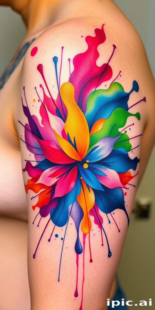Watercolor splash tattoo called "Chromatic Explosion" showcasing vibrant bursts of color that appear to explode across the skin, with abstract shapes and fluid lines blending seamlessly into one another, creating a dynamic and energetic composition