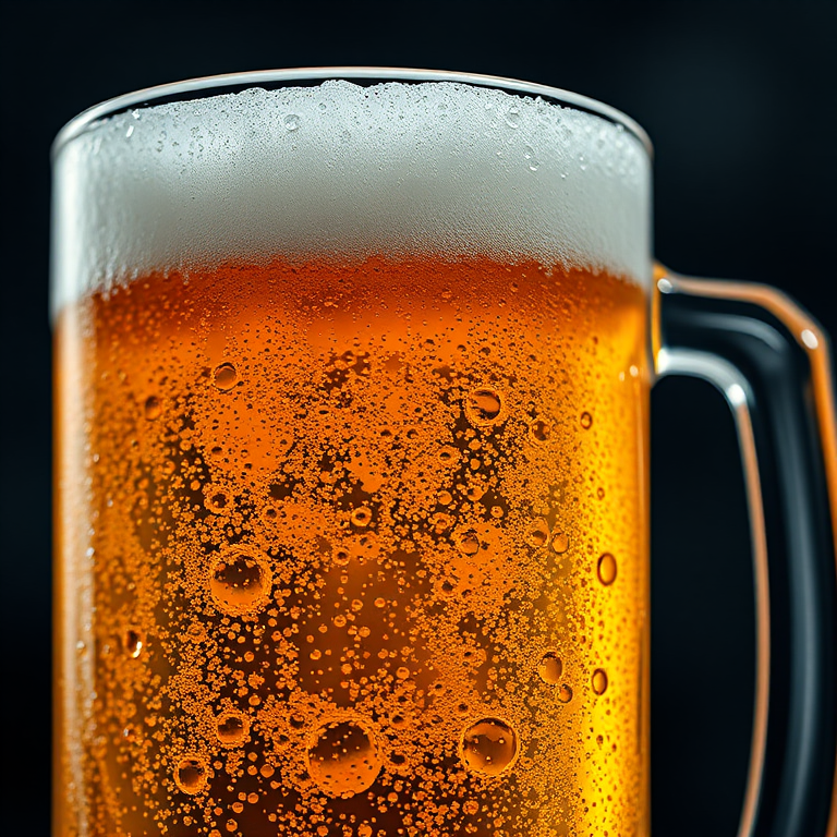 generate a hyper-realistic image of a frosty glass mug of light beer filled to the brim with bubbles, captured with a Canon EOS R5 at f/2.8, ISO 100, 1/200 sec, using a macro lens from a slightly tilted angle to emphasize the texture and clarity of the beer and glass.