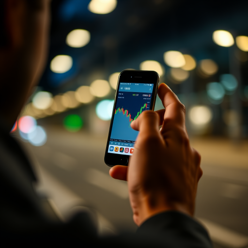 Shot of a person holding a smartphone displaying a stock chart in low-light conditions, focus on the phone screen, shallow depth of field, ISO 800, f/2.8, 1/60 sec, using a DSLR camera with a 50mm lens.