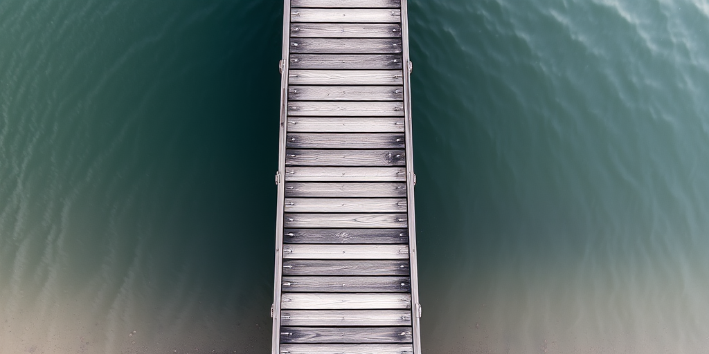 High-resolution photograph of a wooden pier extending into a calm body of water, taken with a DSLR camera, 50mm lens, f/2.8 aperture, ISO 100, natural lighting, top-down perspective.