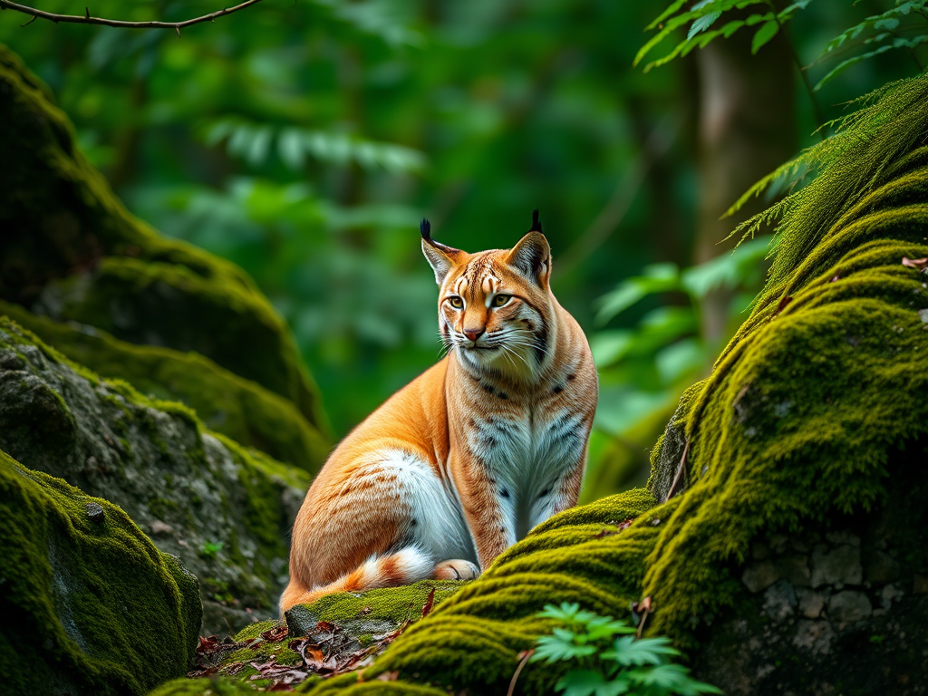 Lynx sitting in a lush green forest surrounded by moss-covered rocks and ferns, shot with a DSLR camera at f/2.8, ISO 200, 50mm lens, natural lighting, high-resolution, shallow depth of field, vibrant colors.