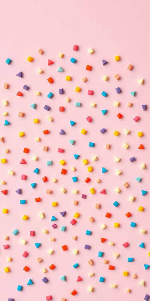 Generate a high-resolution pattern of small, colorful geometric shapes on a soft pink background, taken with a Canon EOS R5 camera, 50mm lens, f/8 aperture, ISO 100, natural lighting, top-down view, macro photography style.