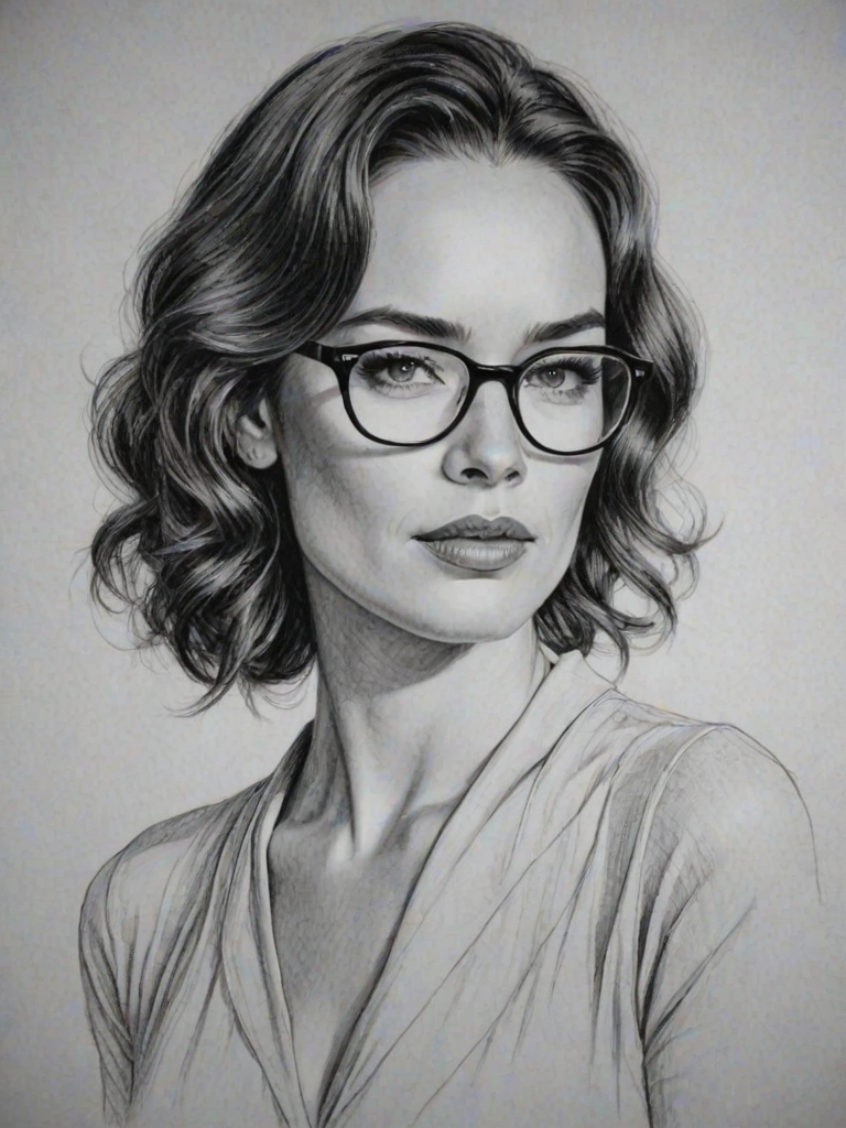 Stunning Lena Headey, pencil sketch, portrait of Alluring woman 1935s in glasses, hair style beatnik, outline, clear lines, fine lines, 8k