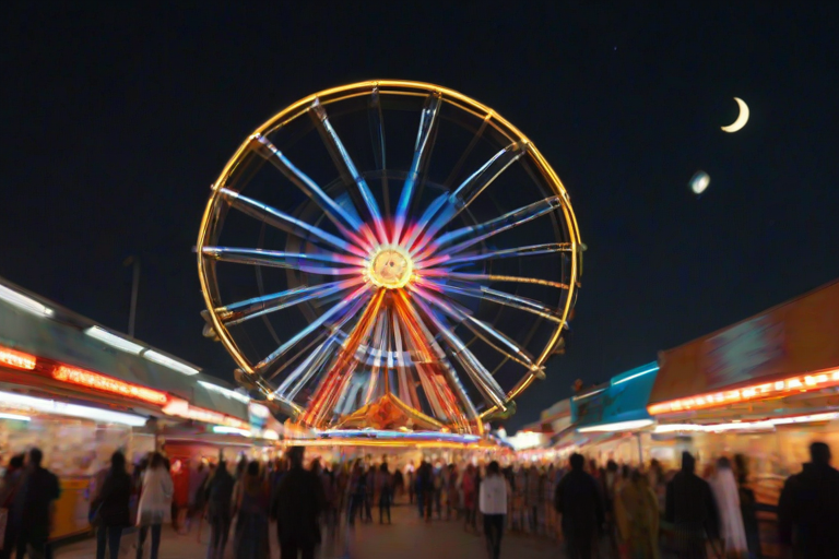 Blurry, night-time photo of a carnival ride spinning, streaks of neon light cutting through the dark sky, with people's joyful faces faintly visible and a crescent moon hanging low in the background.