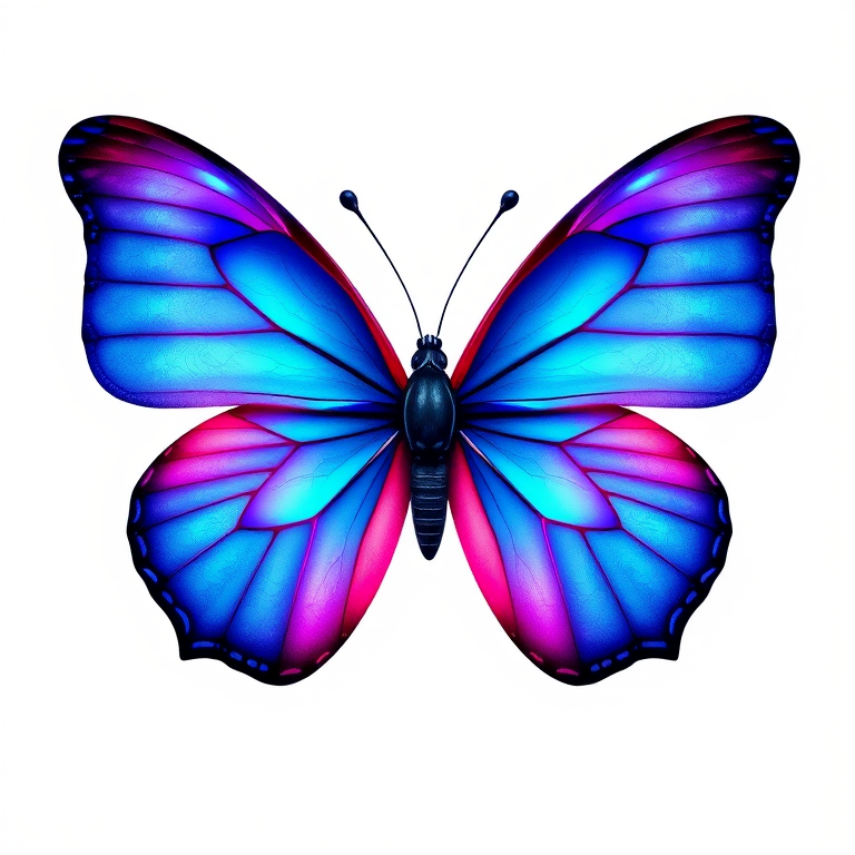 Generate an image of a butterfly with vibrant blue and pink wings, featuring intricate details and a symmetrical design. The background should be simple and clean to highlight the butterfly's colors.