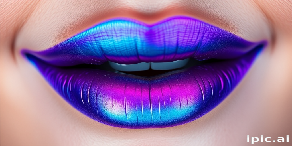 Duochrome lips shifting between teal and purple, creating a mesmerizing color-changing effect as the viewing angle changes, ideal for a mermaid-themed makeup look