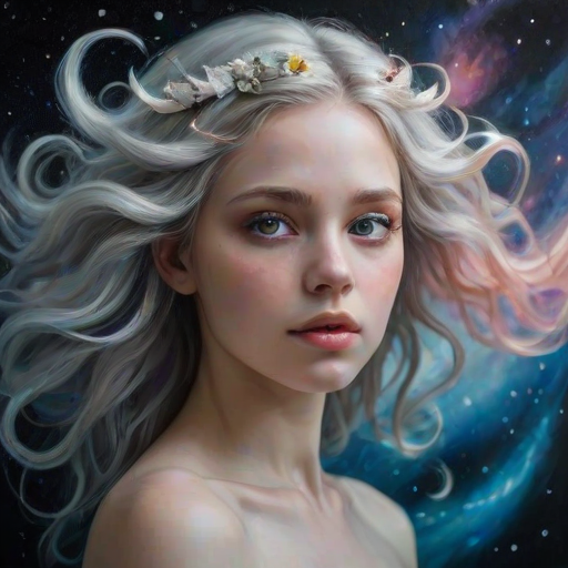Create a series of imaginative portraits where each subject is infused with elements of fantasy and nature. The hair of the individuals should flow like clouds, varying from soft, fluffy cumulus to wispy cirrus strands, with hints of color reflecting a sunset or a clear blue sky. The eyes should be windows to entire galaxies, with stars, nebulae, and distant planets visible within them. Clothing should be adorned with nature motifs, such as floral patterns that bloom and change, vines that seem to grow and wrap around, or feathers that shimmer with iridescence. Each portrait should capture a unique personality, blending human features with the ethereal beauty of the natural and cosmic world. The backgrounds can vary, from starry night skies to enchanted forests, adding depth and context to the magical realism of the portraits