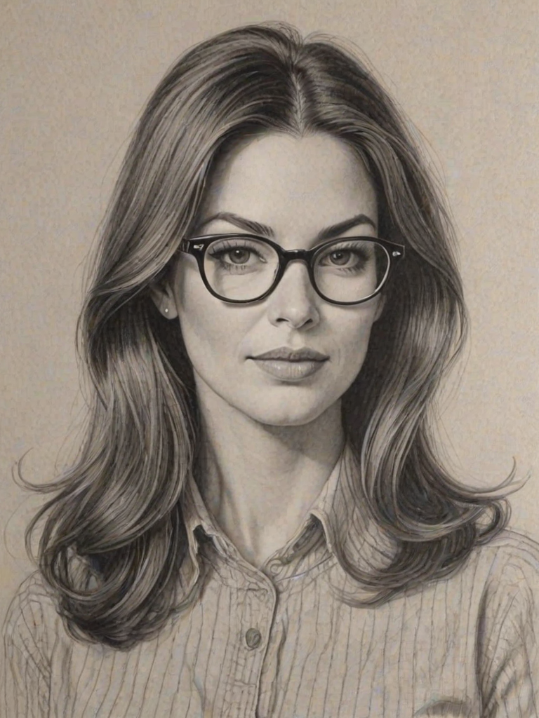 Exquisite Sandy Bullock, pencil sketch, portrait of Superb woman 1969s in glasses, hair style beatnik, outline, clear lines, fine lines, 8k
