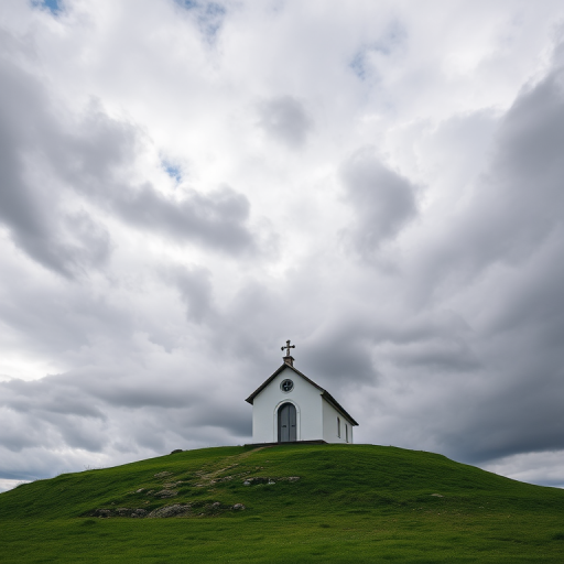 A small chapel on a green hill under a dramatic cloudy sky, captured with a Canon EOS 5D Mark IV, 35mm lens, aperture f/8, shutter speed 1/200s, ISO 100, shot from a low angle to emphasize the structure against the landscape.