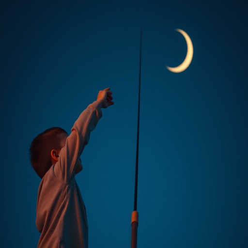 A child reaching for a crescent moon with a fishing pole, minimalist style, rich blue background, soft lighting, DSLR camera, 50mm lens, f/2.8, ISO 100, shot from a low angle to emphasize the height of the pole.