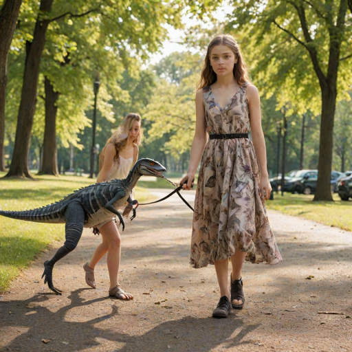 15 year old girl in a dress walking her pet Velociraptor on a leash through a park