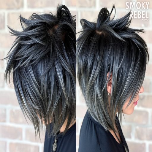 Edgy charcoal gray wolf cut named Smoky Rebel featuring choppy layers and feathered texture throughout with subtle silver highlights adding dimension and movement to this grunge-chic style