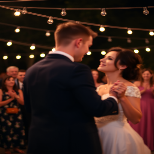 Blurry, candid shot of a wedding couple dancing under string lights, soft glow from the bulbs illuminating their faces, distant guests watching with smiles, and the sound of soft music filling the evening air.