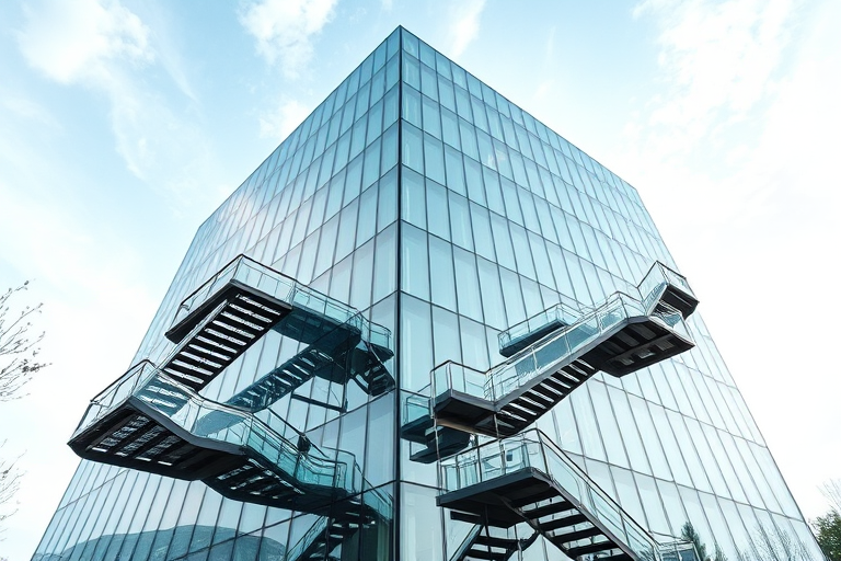 Capture a high-resolution image of a modern glass building with prominent outdoor staircases against a clear sky using a DSLR camera, aperture f/8, ISO 100, focal length 50mm, shoot from a low angle for a dynamic perspective with a shallow depth of field.